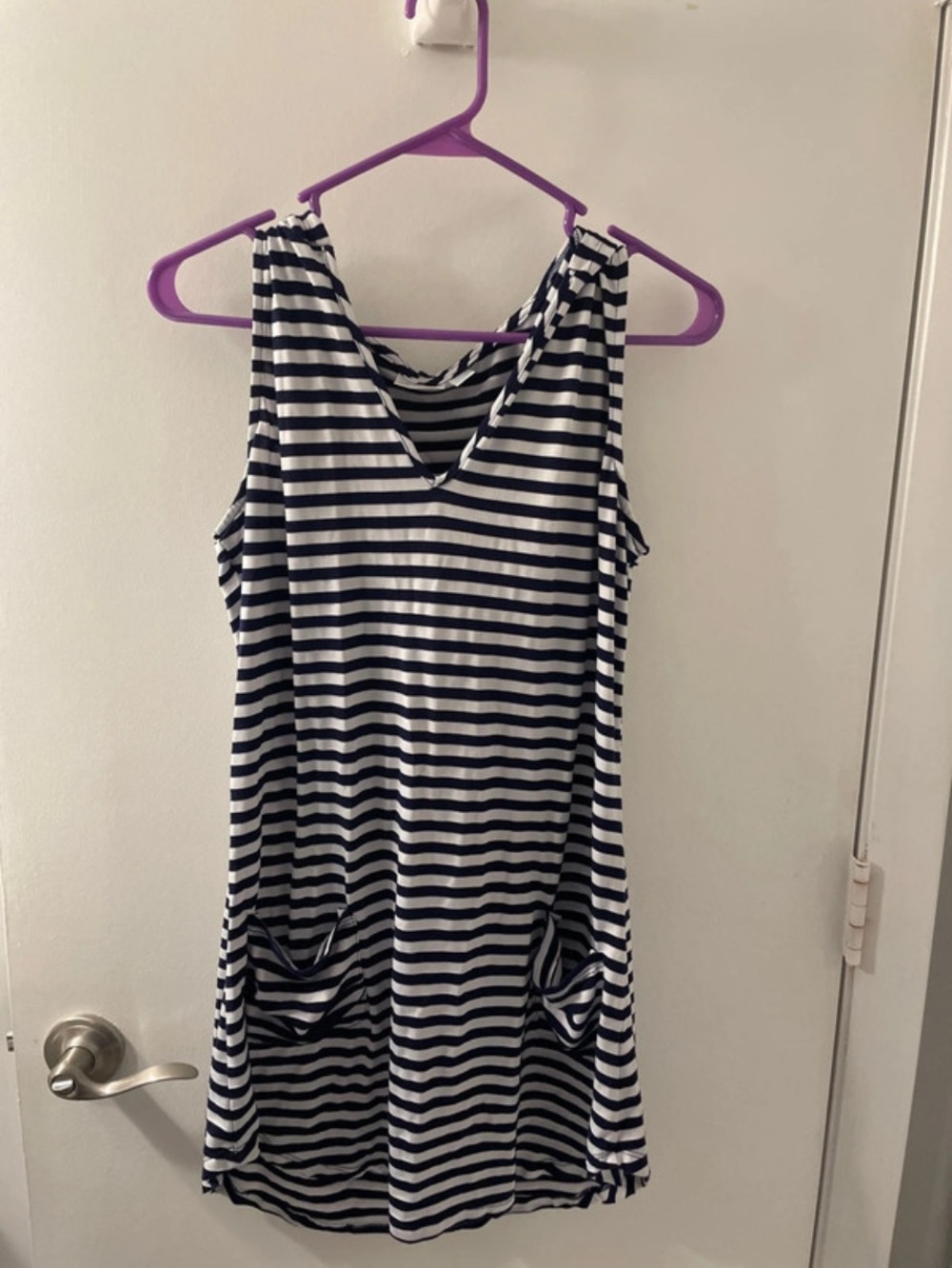 Navy and White Striped V-Neck Sleeveless Tunic swimsuit coverup